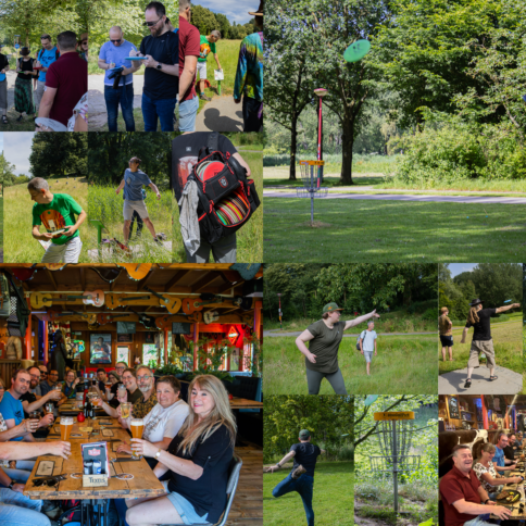 Een foto-collage van foto's genomen tijdens de Discgolfclinic en het etentje na afloop