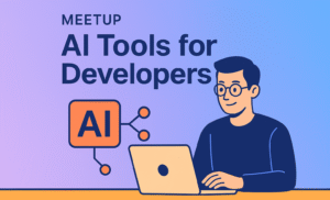 AI generated image of a developer with laptop and the title of the meetup